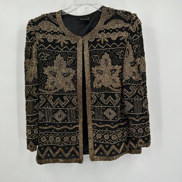 Land Mark Women Jacket Size L Silk Beaded Open Black Gold Vintage Statement Glam - Picture 1 of 7